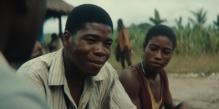 a-young-black-man-smiles-while-a-young-black-woman-looks-contemplative-in-a-rural-outdoor-setting-photo